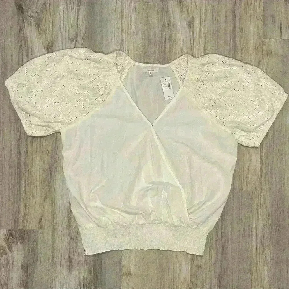 NWT Maurice’s Short Sleeve Eyelet Wrap Blouse Ivory Smocked Waist Cotton Size XL